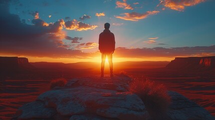 Sunset on a desert rock for a young man