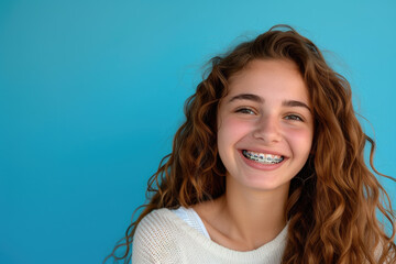 Smiling beautiful girl with braces on her teeth. Orthodontics and dental health, isolated on blue background - obrazy, fototapety, plakaty