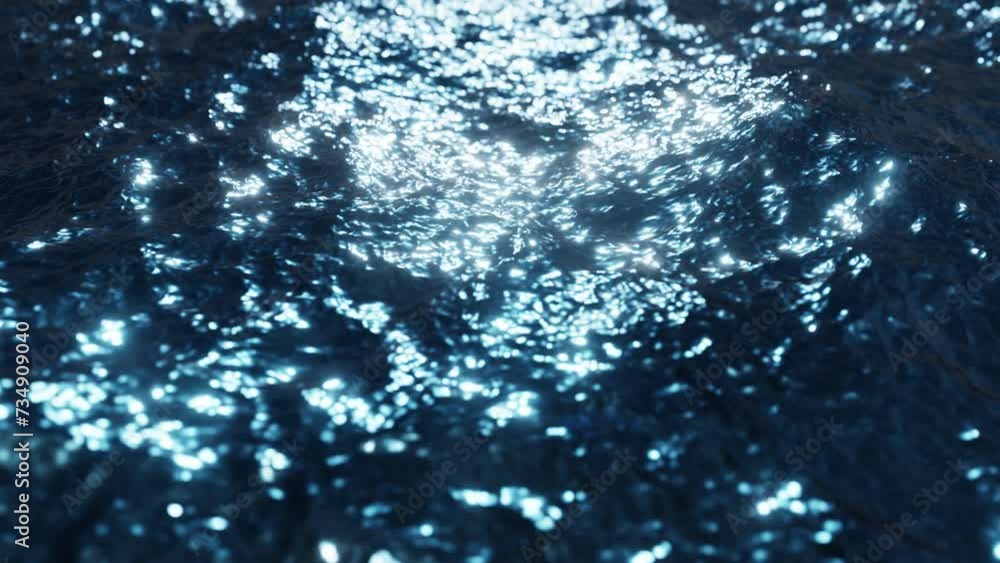 Poster realistic looping 3d animation of the slow waving ocean waters at night with shining and blinking mo