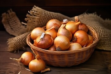 onions in a basket on a table with a brown background