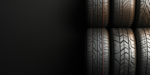 Car tires in a stack, on solid background, with copy space.