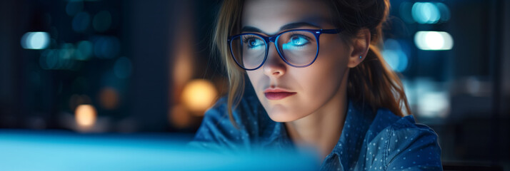 Beautiful young woman wearing glasses looking at laptop at night. Screen light reflecting in young female's glasses. Working late at evening.
