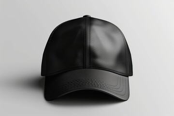 Explore a premium black baseball cap mockup in a frontal perspective, featuring detailed texture and shadowing for a realistic look. Perfectly isolated on a PNG transparent background, this mockup is 