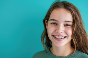 Smiling beautiful girl with braces on her teeth. Orthodontics and dental health, isolated on blue background - obrazy, fototapety, plakaty