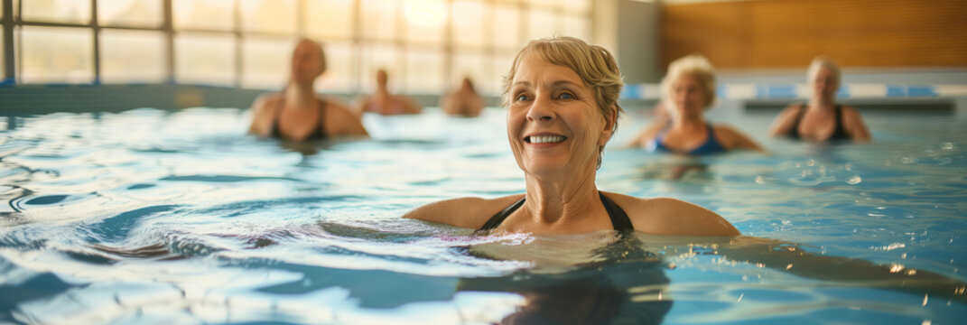 Cheerful senior lady exercising in swimming pool. Group of mature women doing gymnastics in the gym pool. Healthy lifestyle for elderly people.