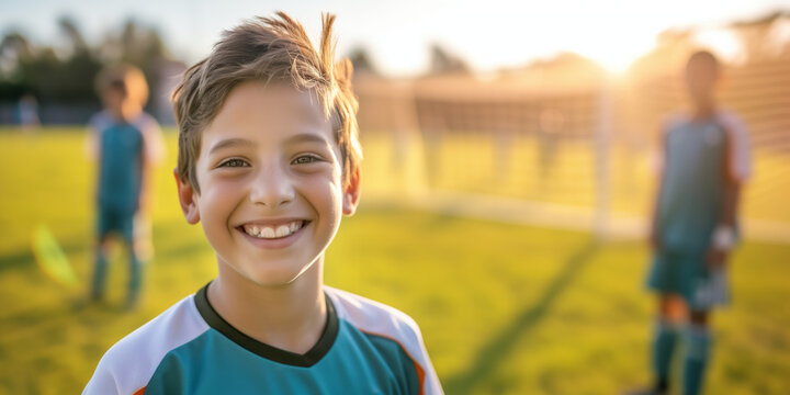 Cheerful ten years old boy in soccer uniform smiling on a backdrop of soccer pitch. Sports and active leisure for young kids.