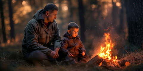 Father with a little boy sitting by a bonfire on warm summer night. Active family leisure with children. Hiking and trekking on a nature trail.