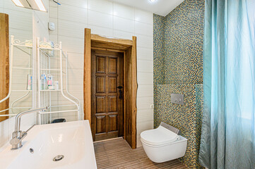 interior apartment room bathroom, sink, decorative elements, toilet. WC, sanitary unit, wash room