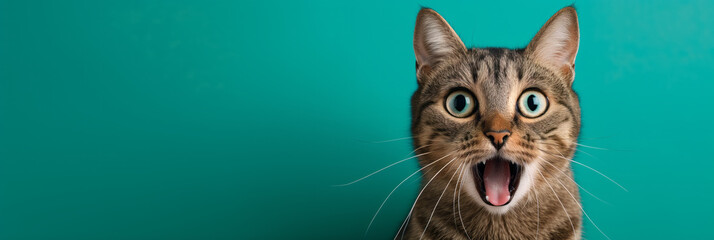 Surprised shocked cat with open mouth and big eyes isolated on flat solid background.