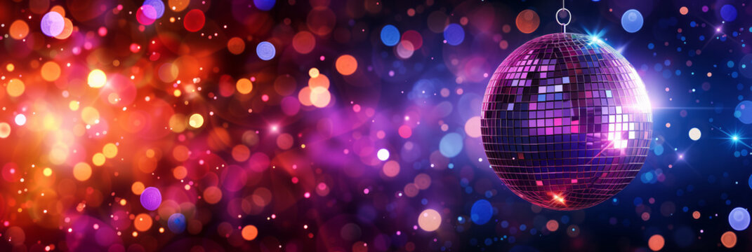 Colorful banner with sparkling disco ball. Night party, dancing event, bokeh lights.