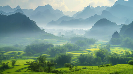 Fototapeta premium landscape with lake mountains and rice field