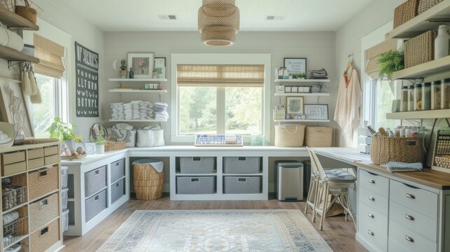 cozy craft room with storage bins and decor in soft pop palette