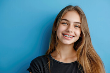 Smiling beautiful girl with braces on her teeth. Orthodontics and dental health, isolated on blue background
