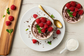 Yogurt and raspberry mousse. Traditional Italian recipe.