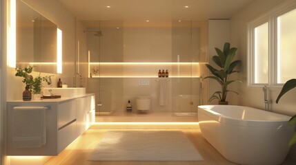 Fototapeta na wymiar Bathroom sleek and contemporary with towels in soft pop colors and light
