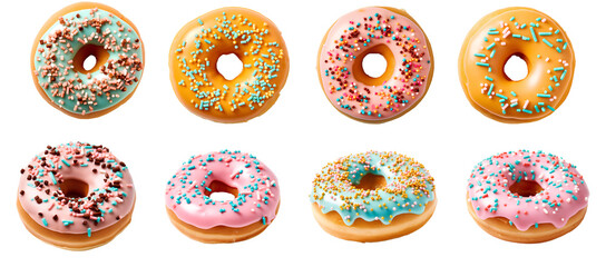 set of donuts png. donut set png. donut top view png. donut flat lay png. donut with pink glaze with sprinkles on top. donut with blue glaze. donut with vanilla glaze and sprinkles. vanilla donut