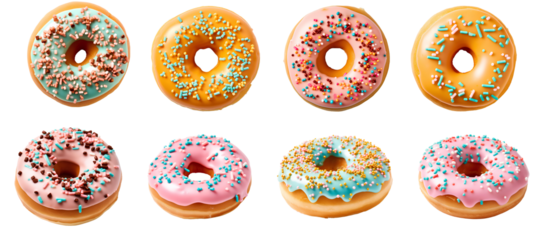 set of donuts png. donut set png. donut top view png. donut flat lay png. donut with pink glaze with sprinkles on top. donut with blue glaze. donut with vanilla glaze and sprinkles. vanilla donut