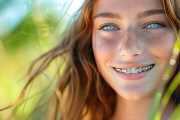 Smiling beautiful girl with braces on her teeth. Orthodontics and dental health