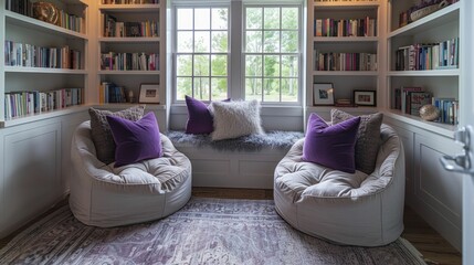 Plush armchairs in snug reading nook, adorned in soft pop colors
