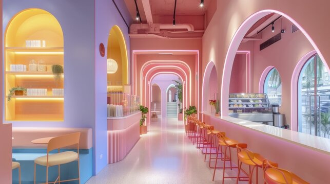 pop-up cafe interior with playful soft pop color theme and dynamic lighting