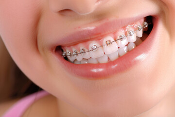 Smiling beautiful girl with braces on her teeth. Orthodontics and dental health