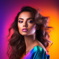 High fashion woman model in bright colours, beauty, makeup, hairstyle, sensuality, elegance, perfect skin