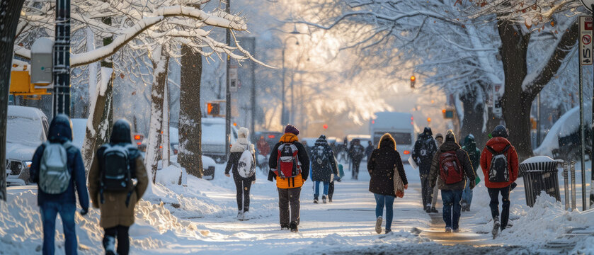 people walking along in covered snow