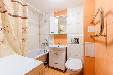interior apartment room bathroom, sink, decorative elements, toilet. WC, sanitary unit, wash room