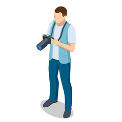 Isometric man Photographer with dslr Camera. Digital photo camera. Home hobby, lifestyle, travel, people concept. Professional Photographer