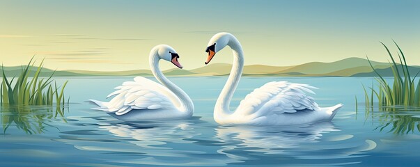 Obraz premium two swans on the lake in summer illustration