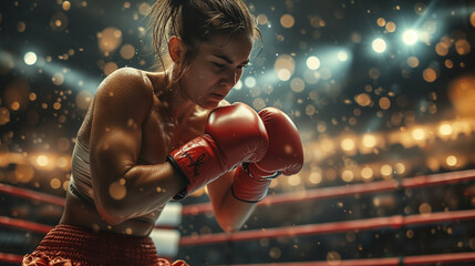 a female boxer sweats and focuses in the boxing ring, Ai Generated Images - obrazy, fototapety, plakaty