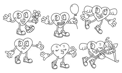 A set of contour hearts of boys in different positions and emotions. A heartfelt character in the retro cartoon style. A coloring book for Valentine's Day. Flat vector illustrations on a white doodle