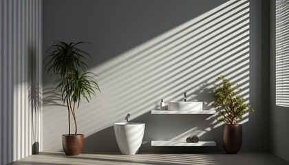 modern bathroom interior design with white walls, sink, window and plant. Created with Ai
