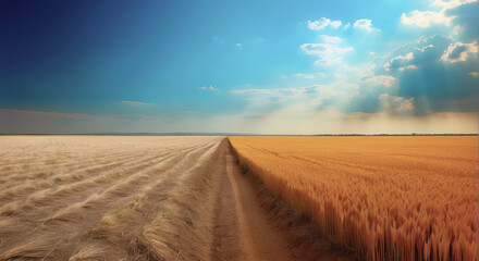 dramatic image of two opposite environments: a barren land with dry soil and a fertile field with golden wheat.