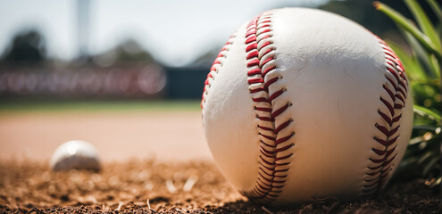 A white leather baseball sits quietly on the pitcher's mound 