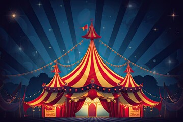 An artistic illustration depicting a brightly lit circus tent against a dark backdrop