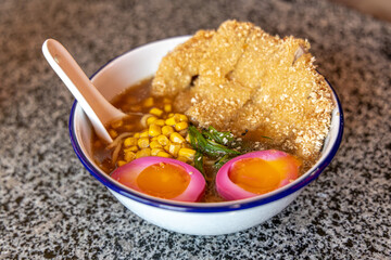 Japanese Sapporo ramen with pork bone broth.standard ramen seasoned with soy sauce.