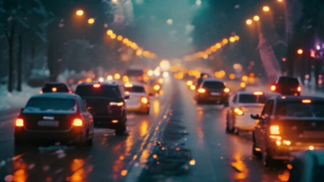 Traffic defocused blur road in bad weather. Rainy and snow fall. motorist on the road. Cars on highway, snow and rain, poor visibility 4k video blurred effect transport