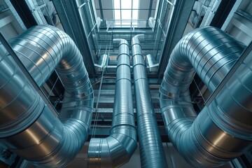 A photograph of a sizable metal pipe inside a building, showcasing a part of the HVAC system in a domestic environment. - obrazy, fototapety, plakaty