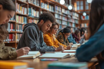 A diverse group of students sitting at a table in a library, engrossed in their studies.