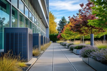 A long walkway flanked by plants leading to a commercial building with HVAC systems.