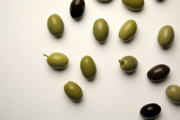 flat lay composition of fresh green olives isolated background