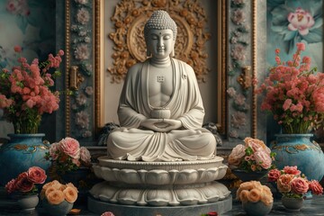 Obraz premium Buddha statue in white marble, with flower offerings around it.