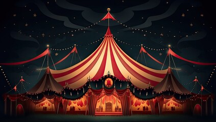 An illustrated depiction of a circus tent glowing in the darkness of night - obrazy, fototapety, plakaty