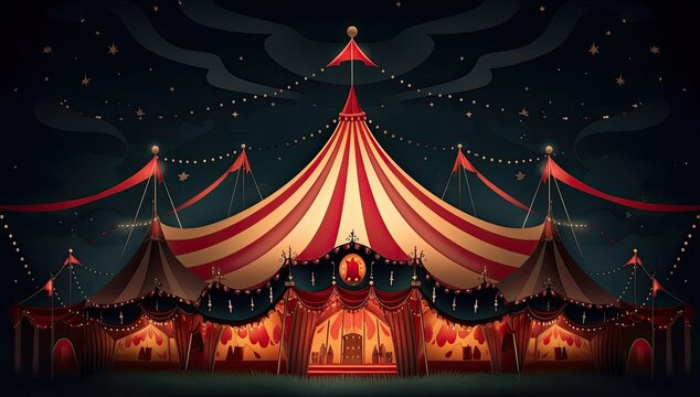 An illustrated depiction of a circus tent glowing in the darkness of night