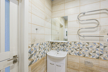 interior apartment room bathroom, sink, decorative elements, toilet. WC, sanitary unit, wash room
