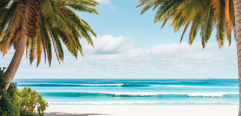 Beautiful beach and ocean or sea background with a palm tree under which there is a surfboard 