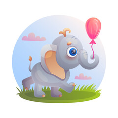 Cute elephant with pink air balloon. Vector illustration.
