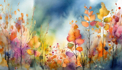 Obraz na płótnie Canvas Jesienna impresja, jesienny krajobraz, akwarela, tapeta, dekoracja. Generative AI