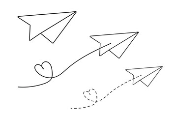 Paper plane with hearts. Continuous one line drawing. Vector illustration.